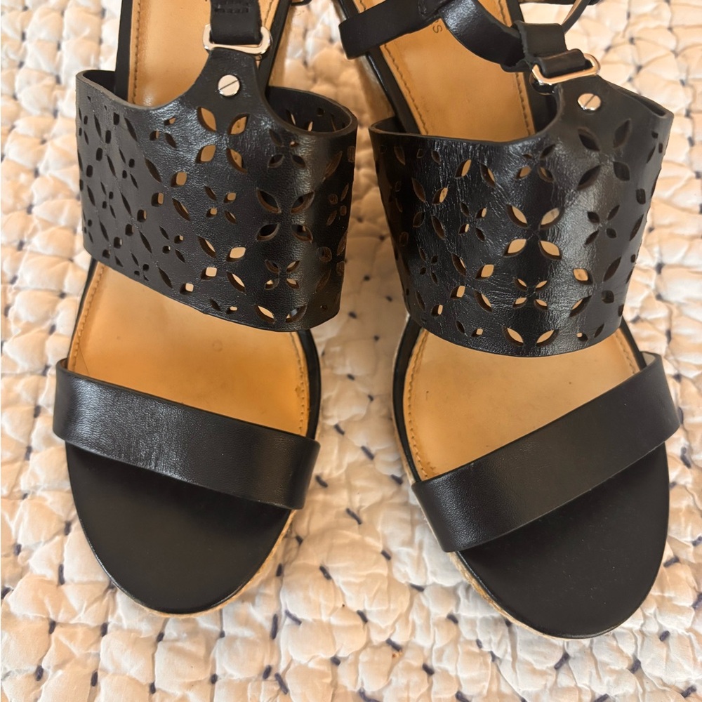 Michael Kors Darci Wedge Black Leather Size 9 Sandal Wedge Heels - Picture 8 of 12